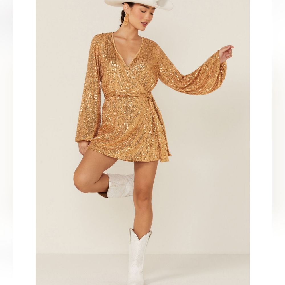 Free People Christa Sequin Long Sleeve Romper- Gold